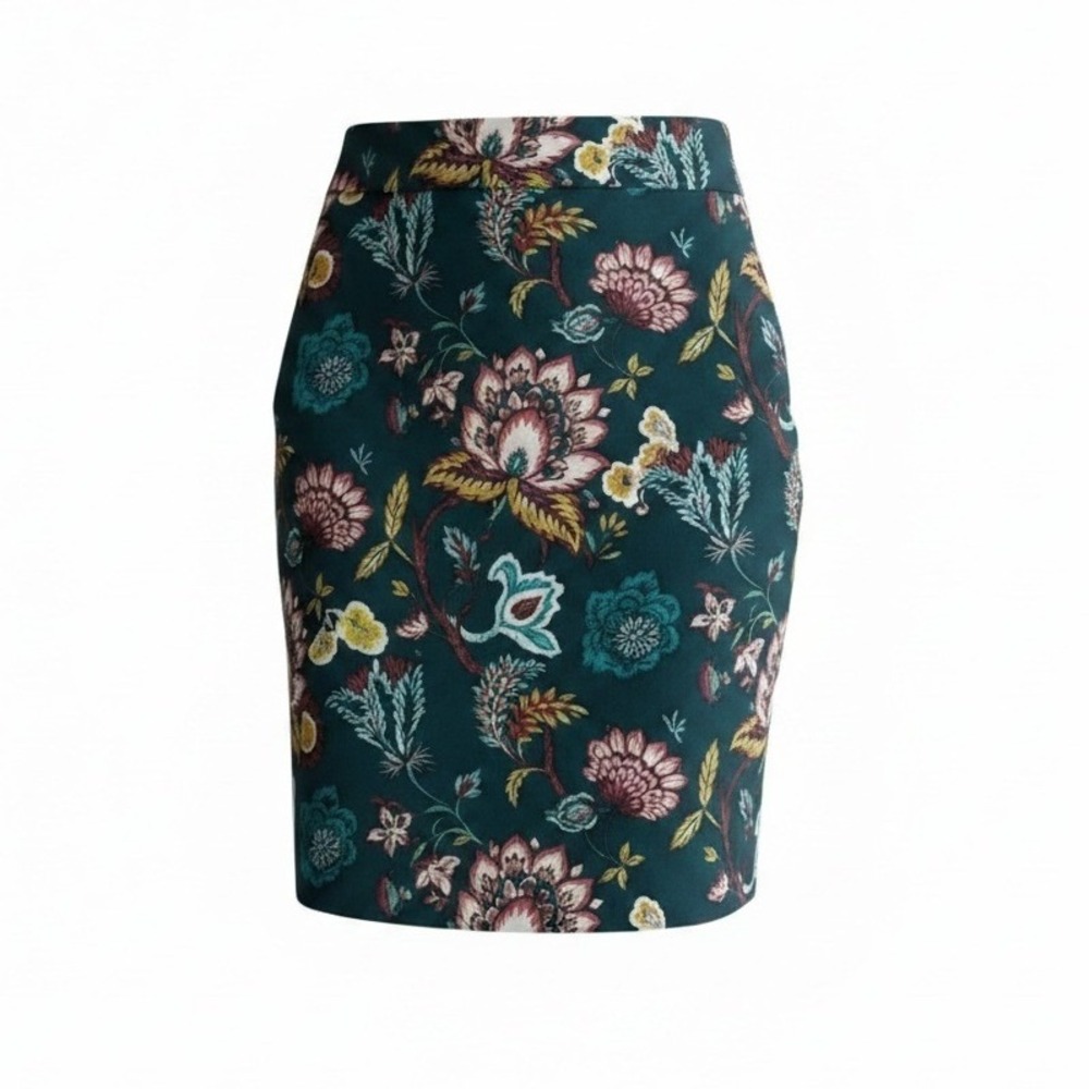LOFT Floral Jacquard Pencil Skirt 2 Teal Multi Cotton Blend Transitional Classic